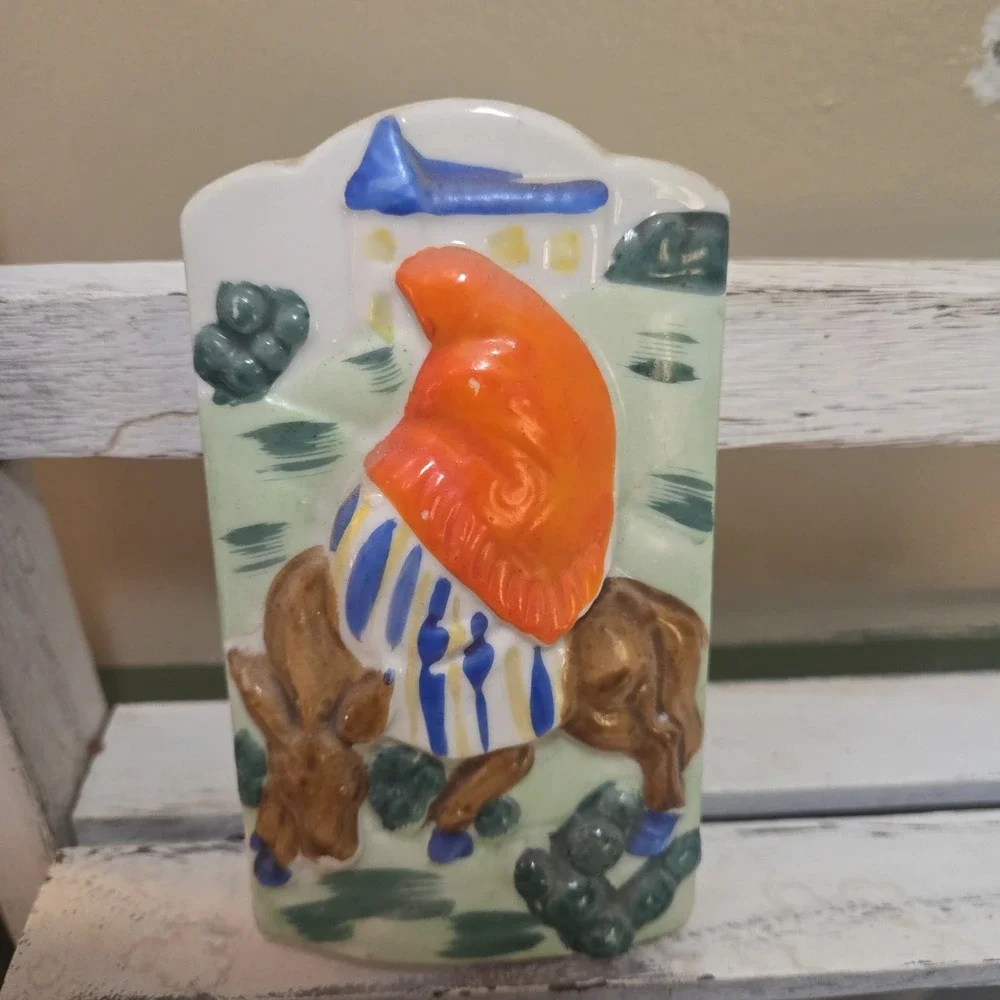 Vintage Japan Christmas Themed Mary Sitting Donkey Wall Pocket Religious Decor
